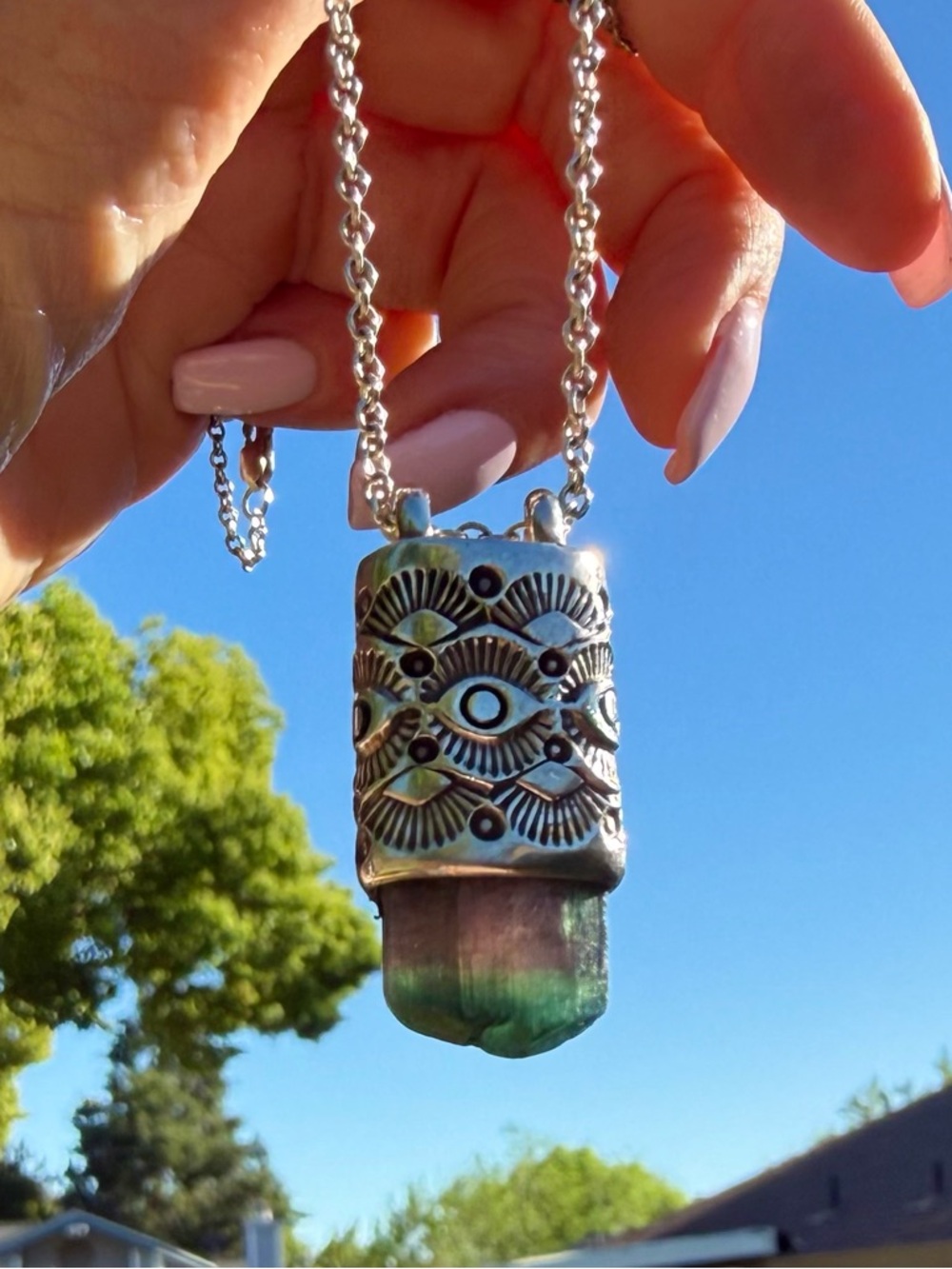 Numi Olive Bicolor Pink and Blue Tourmaline Sterling Silver Talisman